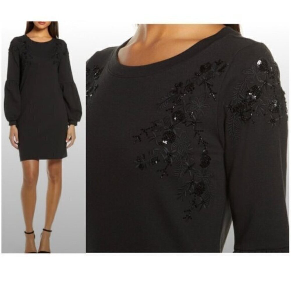 Lilly Pulitzer Bartlett sweatshirt dress black sequin floral medium mini
